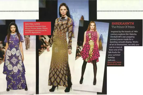 Three models on the runway in vibrant digital print dresses by designer Shrekahnth, featured in Masala! magazine